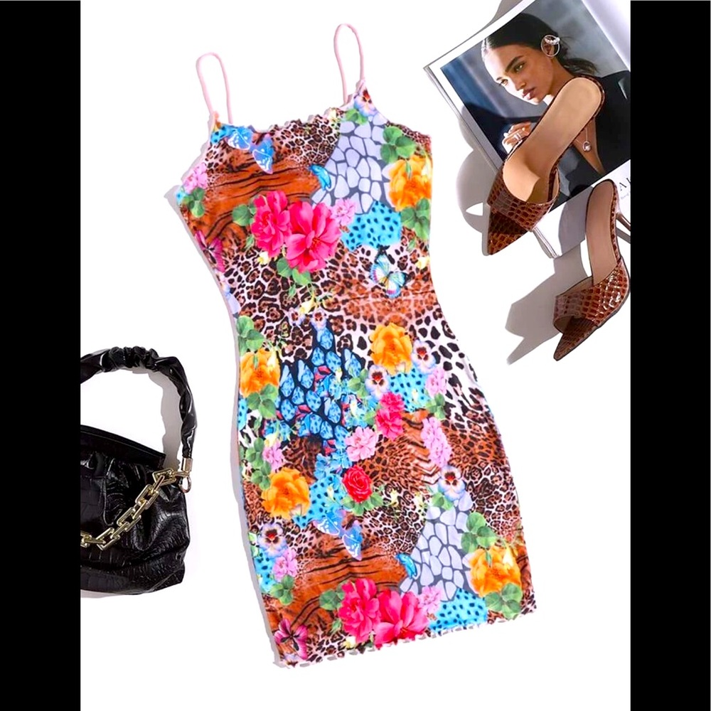 Animal & Floral Print Bodycon Spaghetti Strap Fitted Stretch Dress -New -Size L